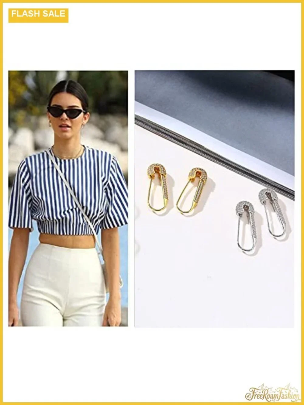Sterling Silver Safety Pin Hoop Earrings Dainty CZ Dangle Hypoallergenic 20mm